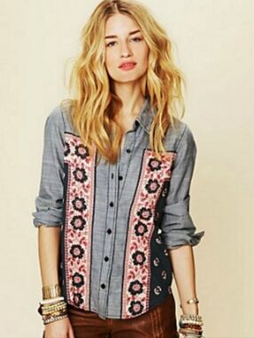 Free People Born Free Bandana Chambray LARGE Shirt Festival Boho Country Western
